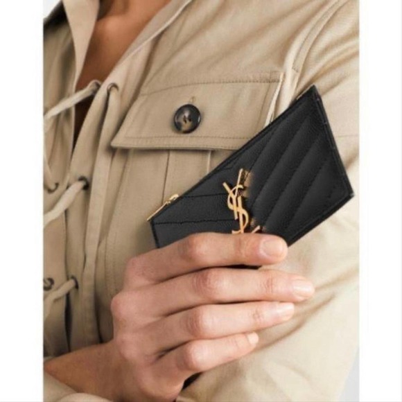 Saint Laurent YSL Monogram Small Ziptop Card Case in Grained  SAINT LAURENT YSL monogram quilted leather zipped card holder coin case